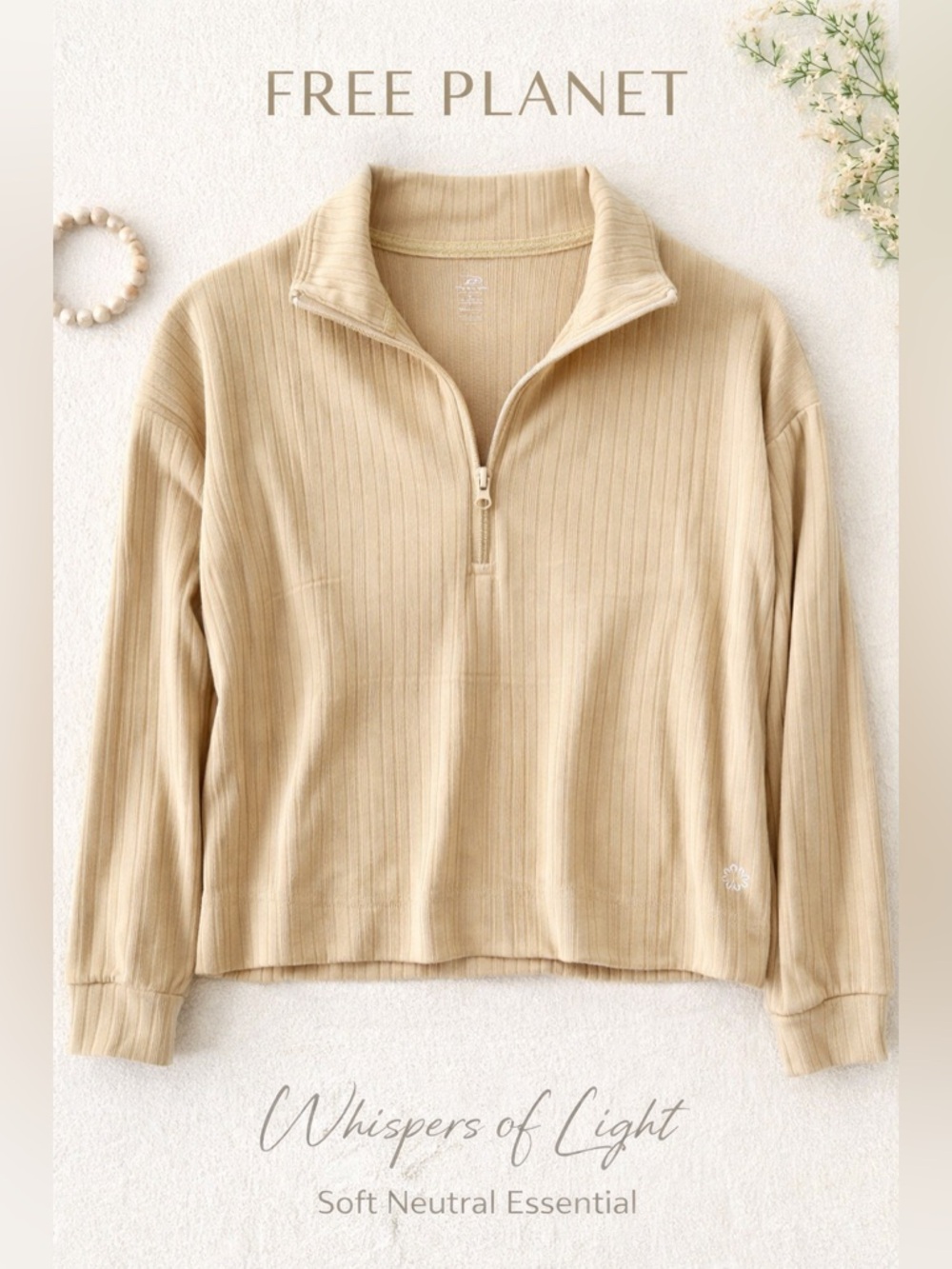Free Planet Ribbed Quarter Zip Pullover Beige Crop Top Size S